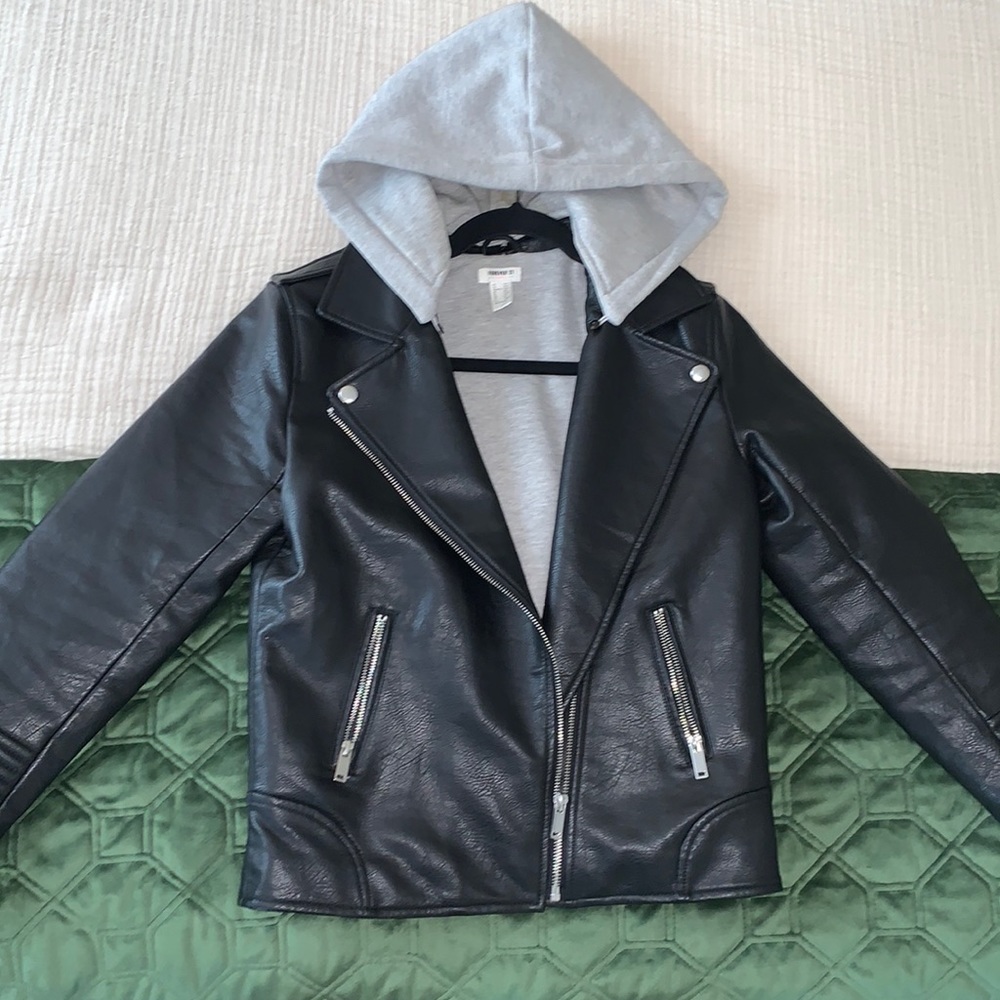 Forever 21 Girls Leather Hooded Moto Jacket